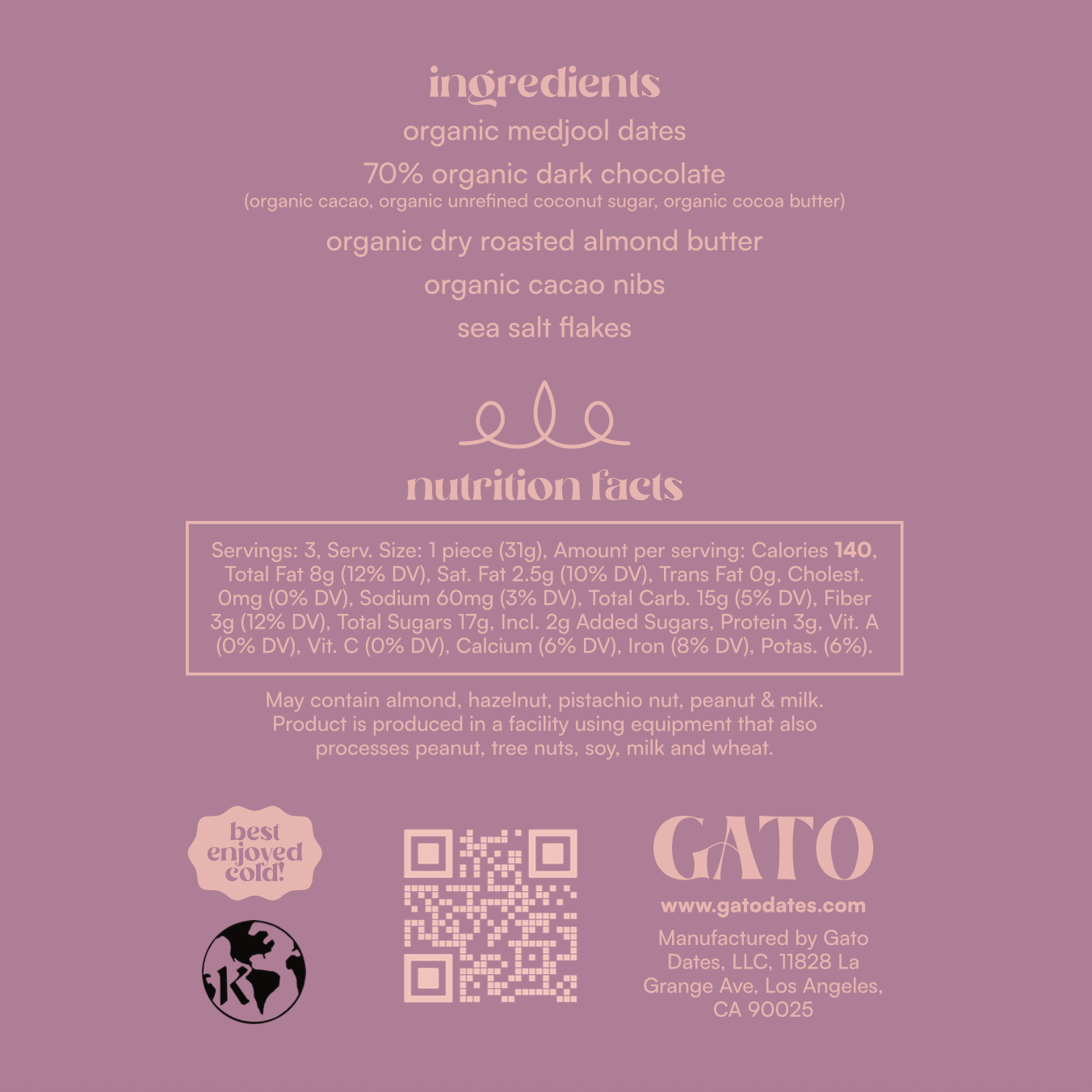 Ingredients and nutrition facts label for a product by Gato on a pink background