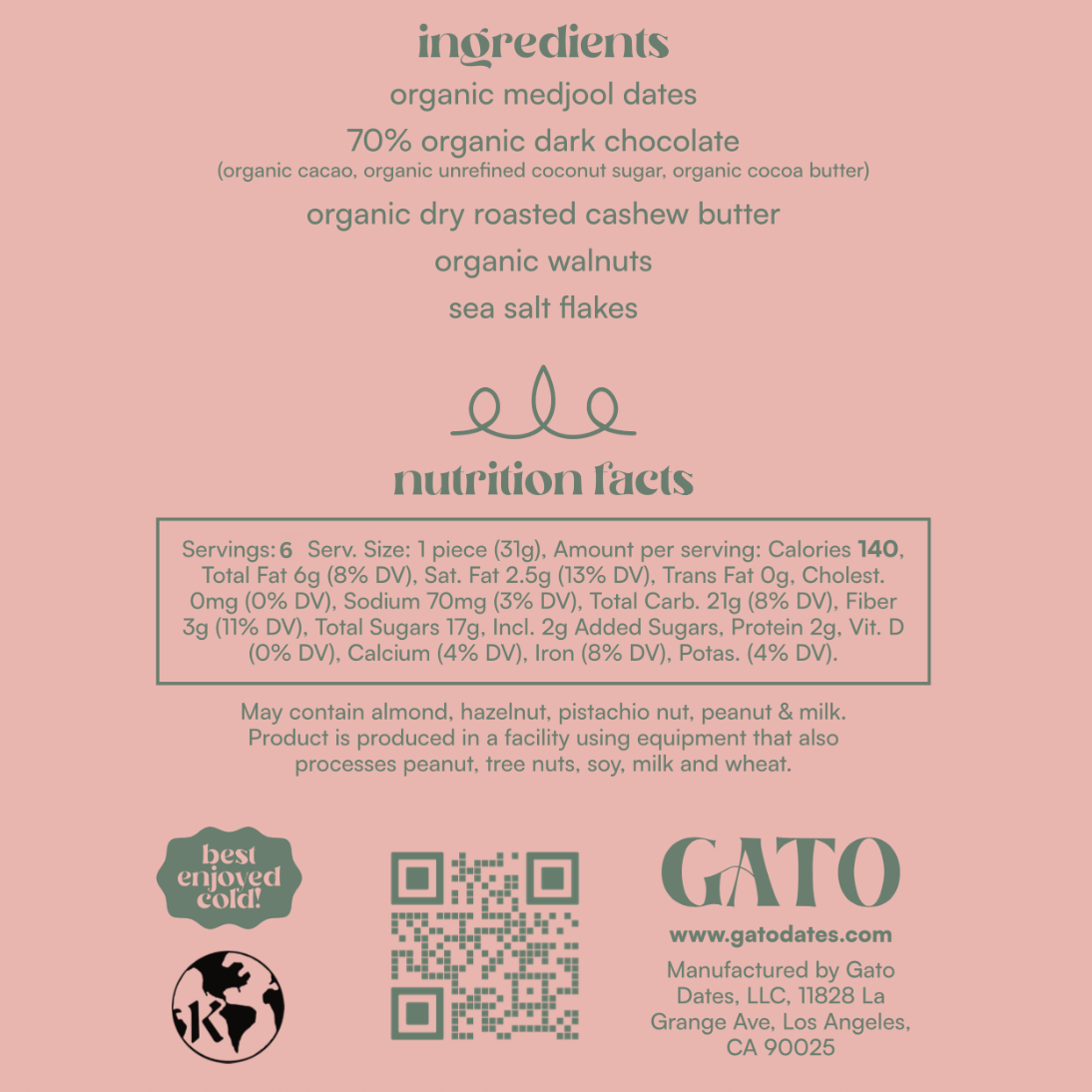 Ingredients and nutrition facts label for a product on a pink background