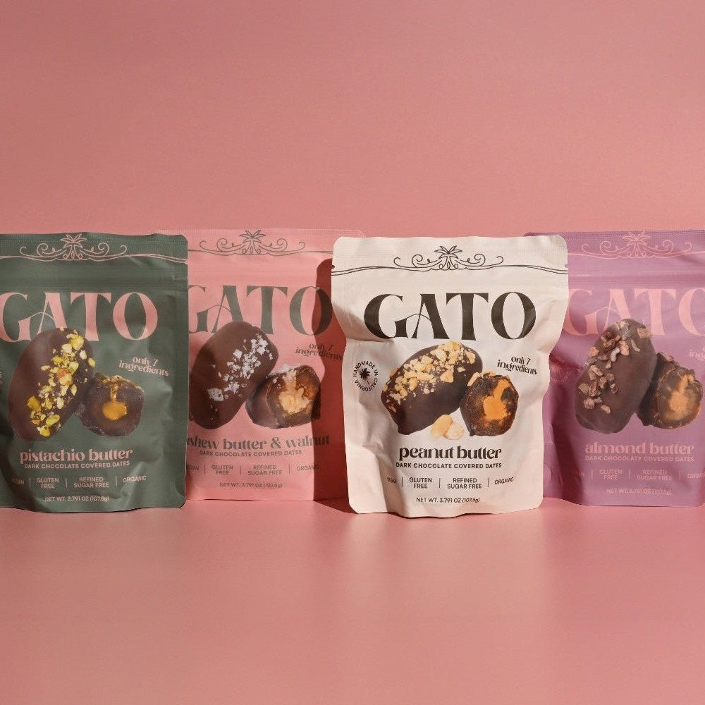 Four Gato dates packages on a pink background