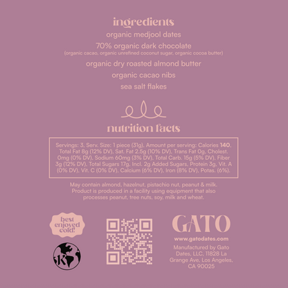 Ingredients and nutrition facts label for a product by Gato on a pink background