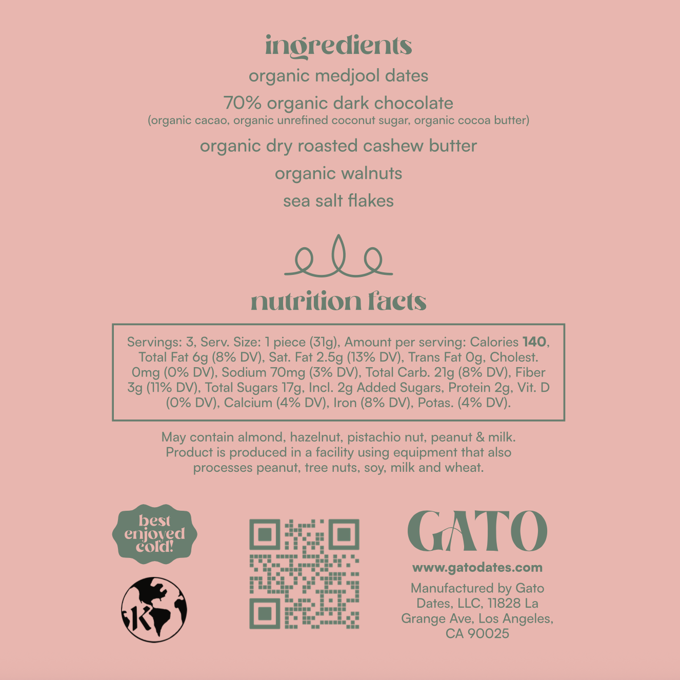 Product label with ingredients and nutrition facts on a pink background