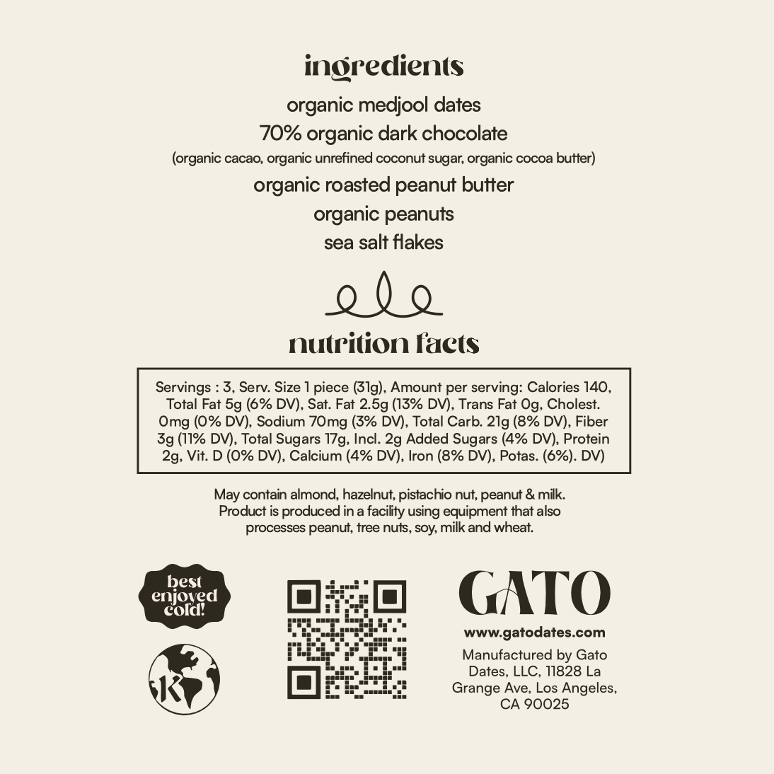 Ingredients and nutrition facts label for a product by Gato on a white background
