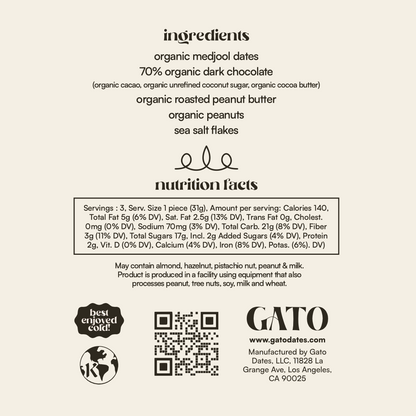 Ingredients and nutrition facts label for a product by Gato on a white background